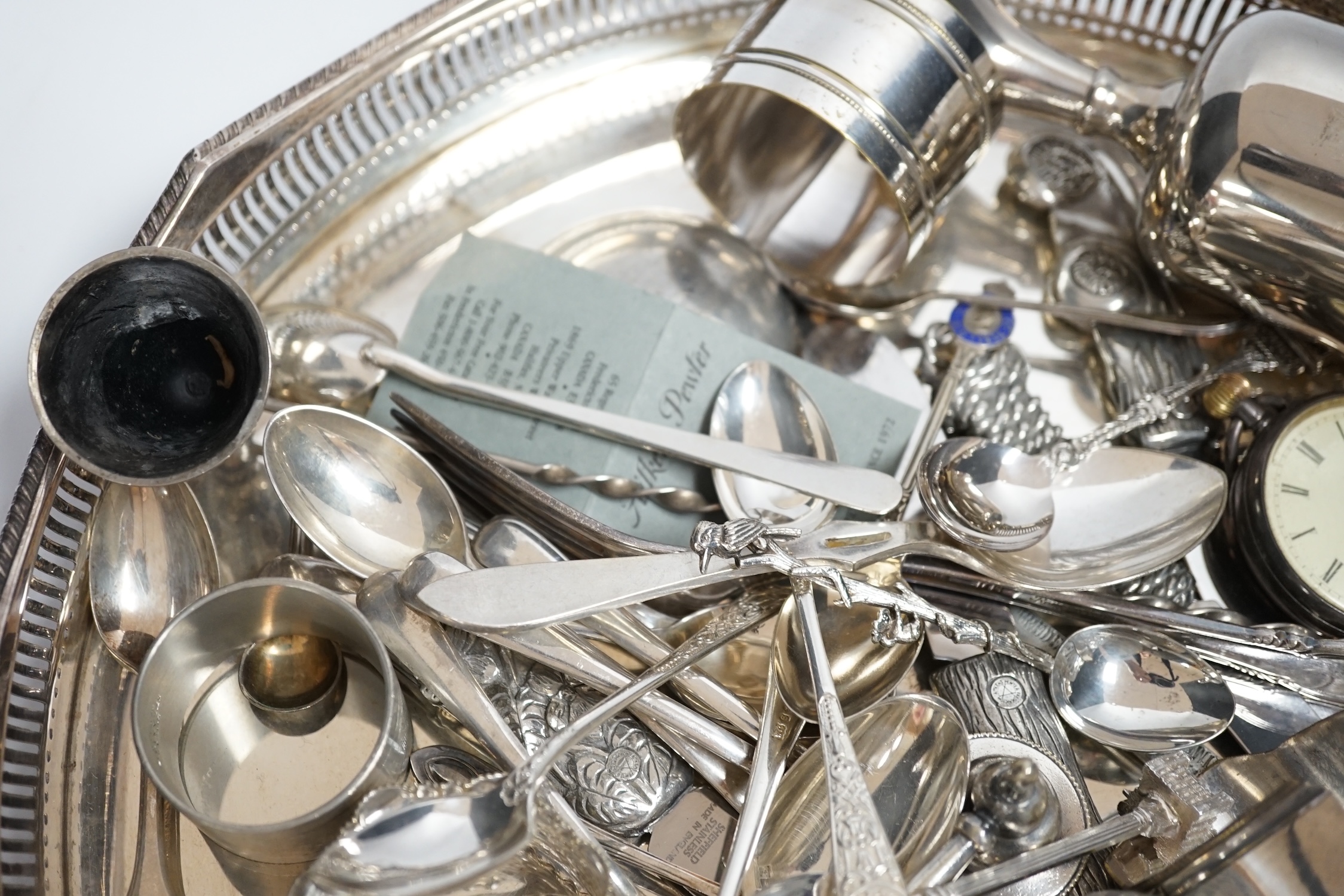 Assorted silver plated and pewter items including a gallery tray, etc. together with a silver pocket watch and silver mounted glass sugar sifter.